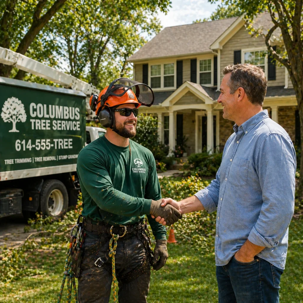 Tree service workers shaking hands outdoors